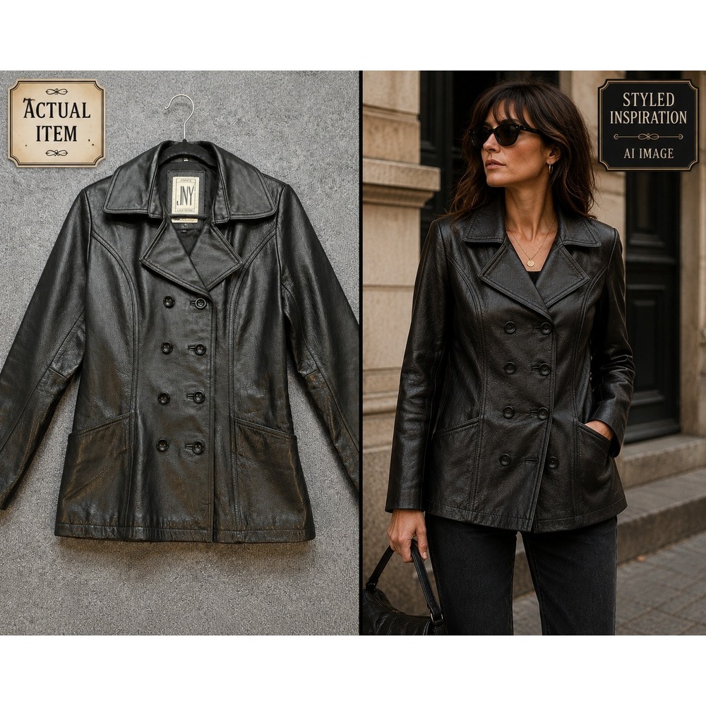 Jones New York Leather Pea Coat Womens Vintage Black S Excellent Dark Academia